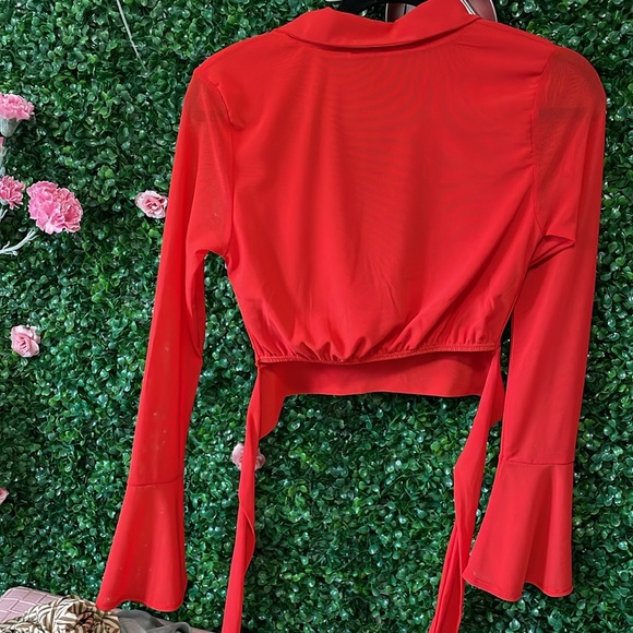 Cherry Red Blouse w Sheer Flared Sleeves - Picture 2 of 5